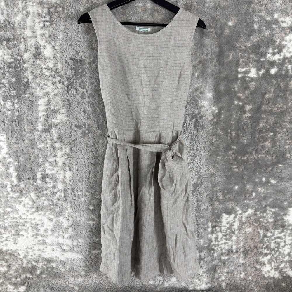 Elsewhere Size S Striped Linen Blend Belted A-Line Dress Beige Sleeveless Women